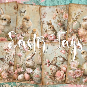 Oster Tags Digitale ATC Karten - 8 druckbares Frühlings Thema Junk Journal Kit, Shabby Chic Blumen Kaninchen und Vogel Vintage Decoupage Ephemera Set