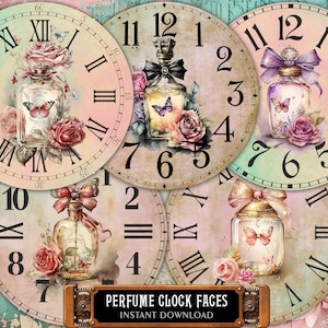 5 quadranti di orologio per bottiglie di profumo da 8", 6", 4" quadranti di orologio immagini per decoupage, progetti fai da te, taglio pignolo, 15 kit per la creazione di orologi in formato PNG stampabili