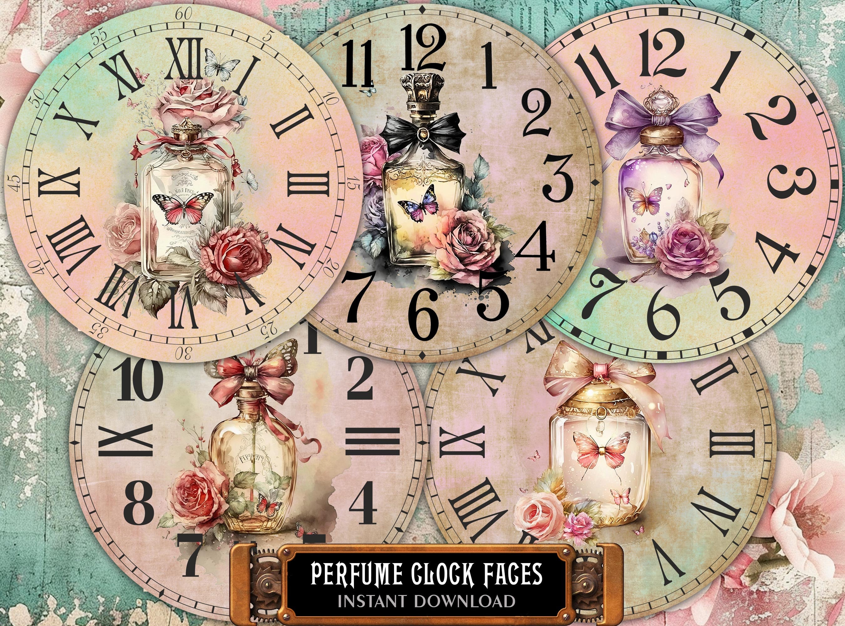 blank vintage watch faces Perfume Bottle Clock Faces 8", 6", 4" Watch Dials Images for Decoupage,  DIY Projects, Fussy Cut, 15 Printable PNG Fles Clock Making Kit