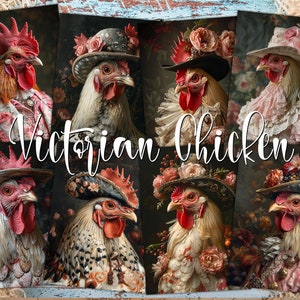 Tarjetas digitales ATC de pollo victoriano: 8 etiquetas imprimibles para diario basura con decoración rústica de gallo antiguo, idea perfecta de papeles para decoupage