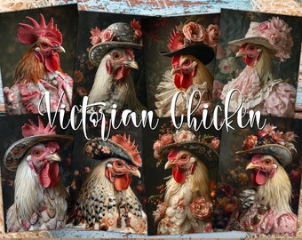 Victorian Chicken Digital ATC Cards - 8 Printable Old Fashioned Rooster Rustic Decor Junk Journal Kit Tags, Perfect Decoupage Papers Idea