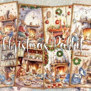 Weihnachtskaninchen Familie Digitale ATC Karten - 8 druckbare Beatrix Potter Stil Junk Journal Tags Kit, süßes Häschen Gemälde Vintage Ephmera Pack