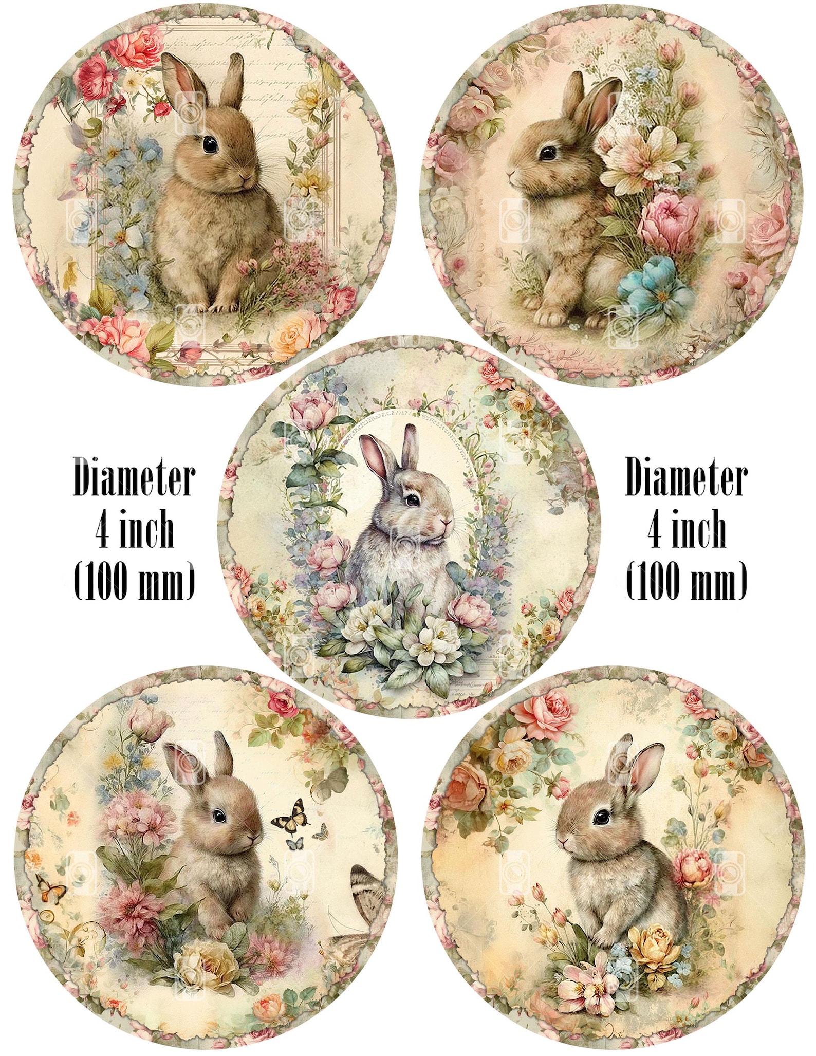 Easter Rabbit Round 10 Floral Bunny Spring Easter Rabbit Round Images PNG & 2 Digital ...