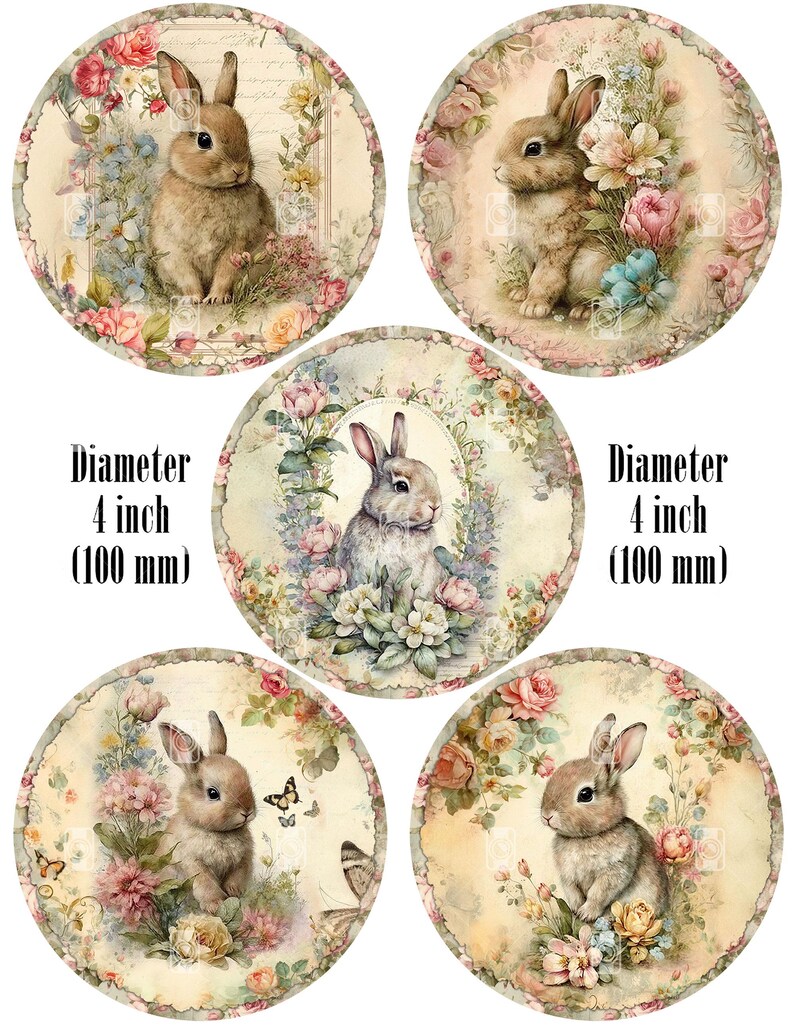 10 Floral Bunny Spring Easter Rabbit Round Images PNG & 2 Digital ...