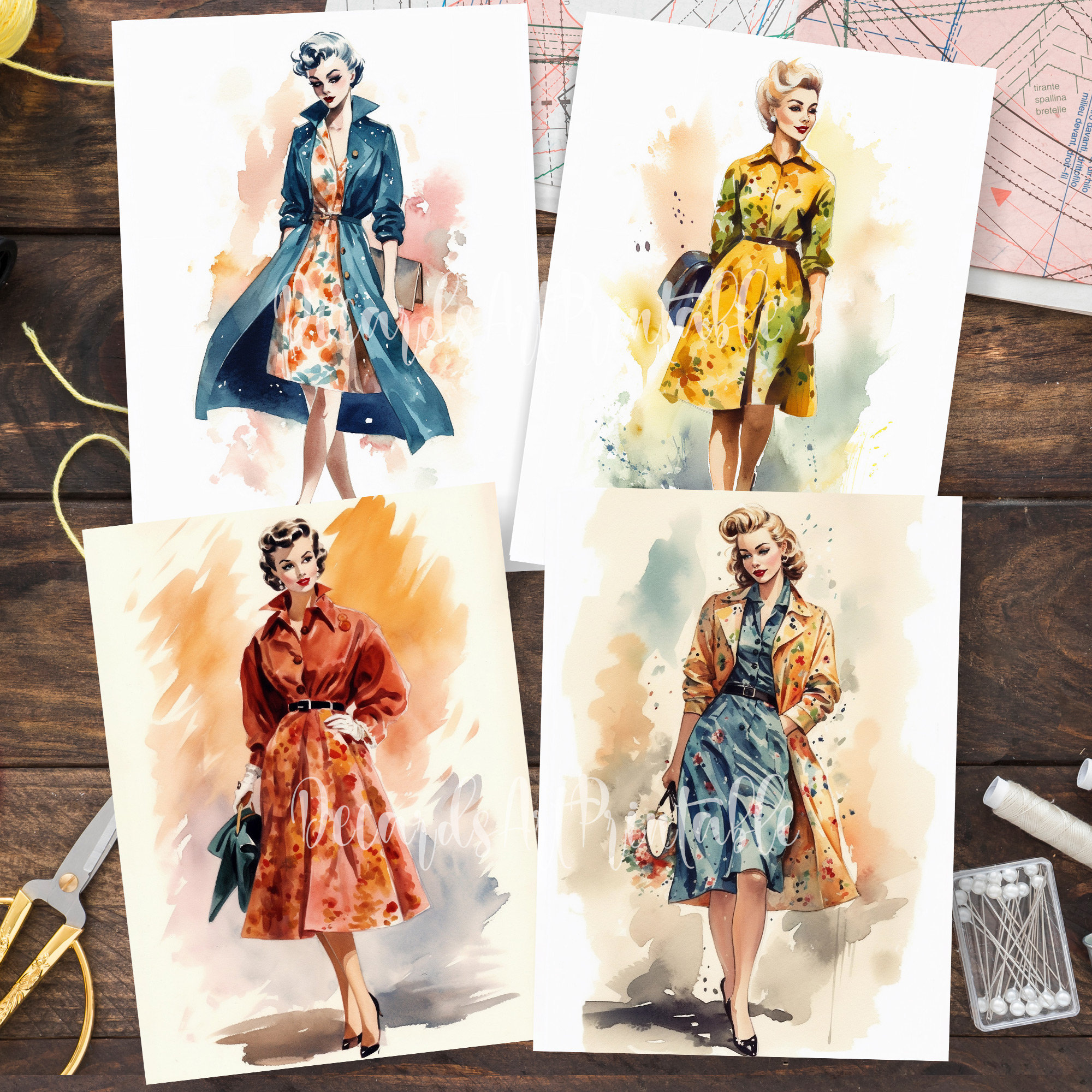 1950s Women Fashion Illustration 20 Printable Watercolor 50s