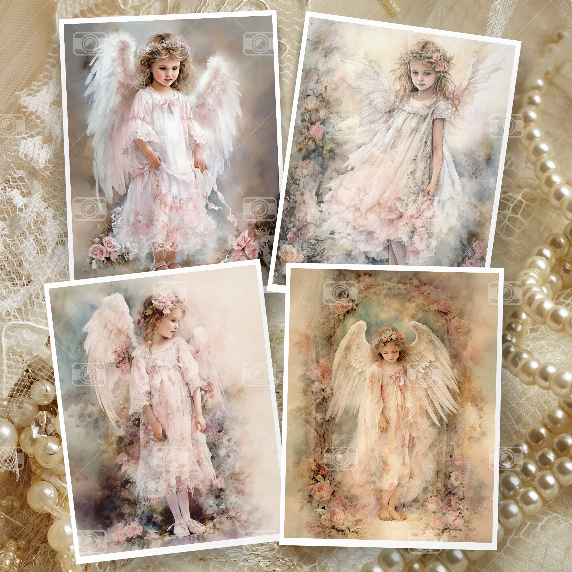 22 Small Angel Painting Digital Paper Pack - Watercolor Cute Little ...