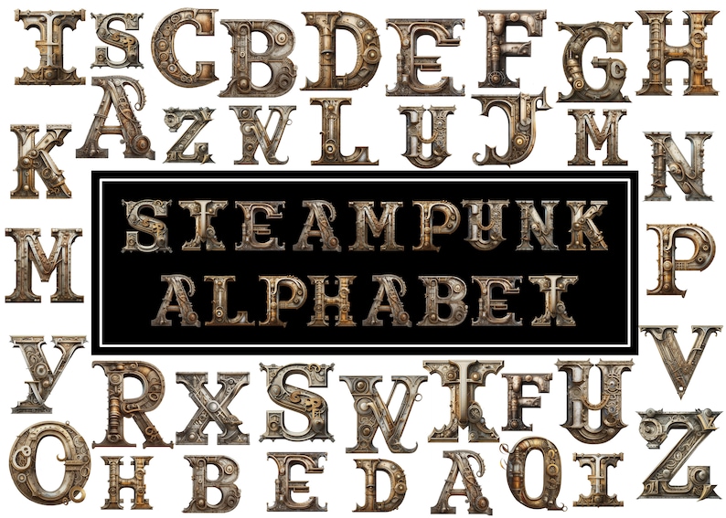 26 Steampunk Alphabet Rusty Metal Letters PNG Archivo digital en capa transparente limpia, arte industrial imprimible efímera fuente de uso comercial imagen 1