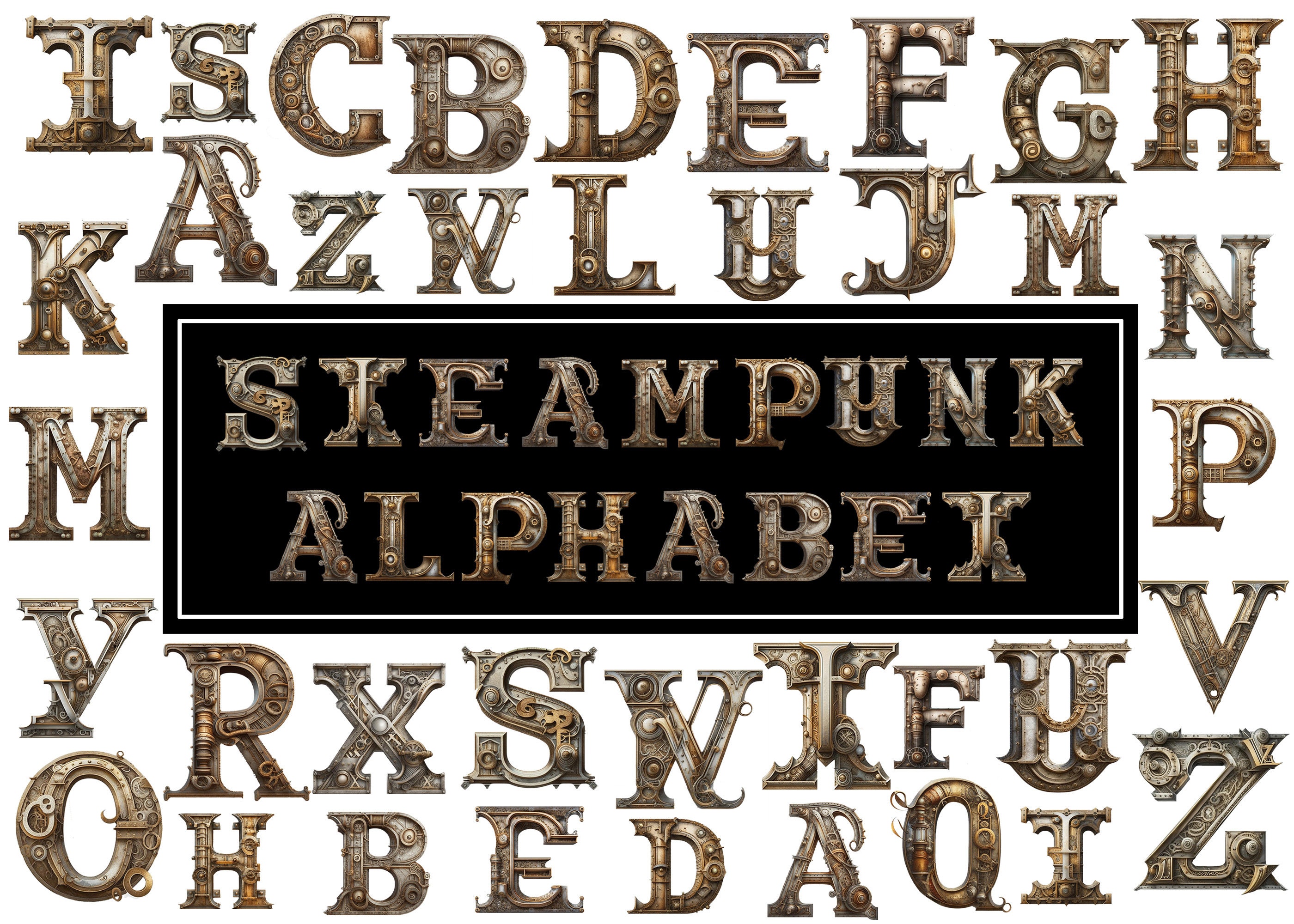 26 Steampunk Alphabet Rusty Metal Letters PNG Digital File on Clean Transparent Layer, Industrial Art Printable Ephemera Commercial Use Font