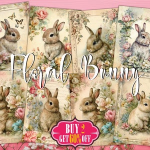 Blumenhasen Digitale ATC Karten - 8 druckbare süße Osterkaninchen Botanische Art Junk Journal Tags Kit, Decoupage Frühling Vintage Ephmera Pack