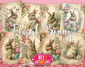 May include: A set of eight digital collage sheets featuring watercolor illustrations of bunnies surrounded by colorful flowers. The text "Floral Bunny" is written across the images. The text "Buy 2 Get 60% Off" is written in a pink box at the bottom of the image.