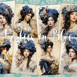 Tarjetas ATC digitales de damas victorianas en azul: 8 etiquetas de retrato de mujer hermosa con estilo rococó para imprimir, kit de diario basura, idea de papeles para decoupage