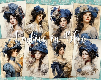 Dames victoriennes en bleu cartes ATC numériques - 8 Art rococo imprimables Belle femme portrait étiquettes Junk Journal Kit, idée de papiers de découpage