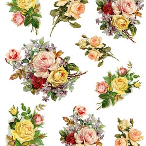 Puede incluir: Una colecci&oacute;n de diez ilustraciones florales vintage con ramos de rosas rosas, amarillas y blancas con hojas verdes y flores moradas.