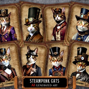 Digitale ATC Karten Steampunk Katzen AI Generierte Kunst - 8 Herunterladbare ACEO Original 2,5 "x 3,5" Süßes Katzenporträt Bereit zum Drucken von Png, Jpg, Pdf