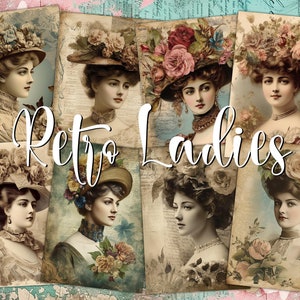 Cartões ATC digitais retrô femininos dos anos 1800 - 8 kit de diário de lixo para retrato de mulher vitoriana imprimível, folhas de colagem vintage, ideia de papéis de decupagem