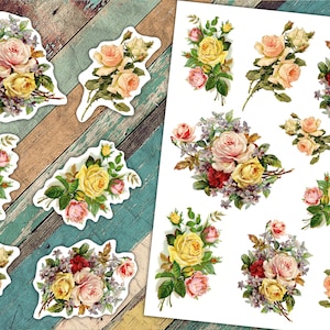 Puede incluir: Una hoja de pegatinas de rosas de estilo vintage. Las pegatinas presentan diferentes arreglos de rosas rosas, amarillas y blancas con hojas verdes y acentos morados. Las pegatinas son perfectas para agregar un toque de elegancia a las manualidades, el scrapbooking y otros proyectos.