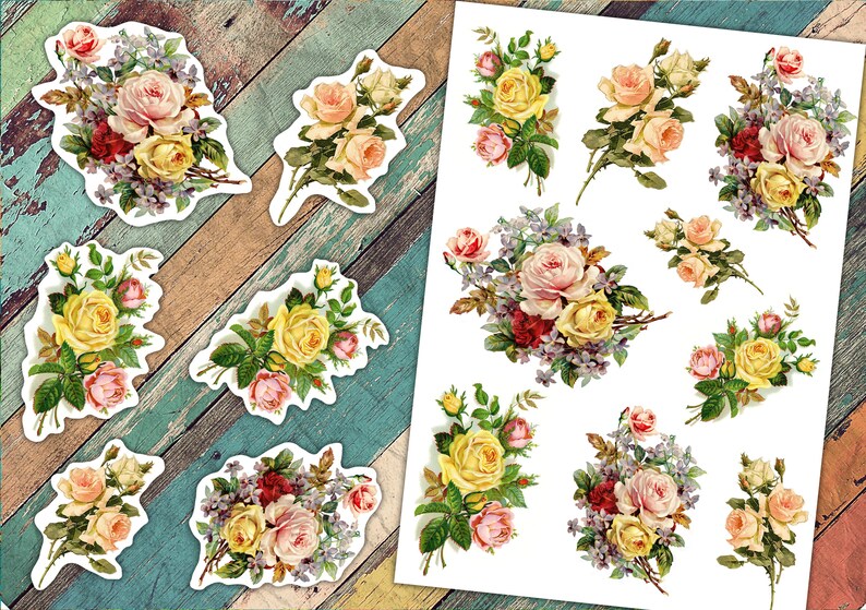 Puede incluir: Una hoja de pegatinas de rosas de estilo vintage. Las pegatinas presentan diferentes arreglos de rosas rosas, amarillas y blancas con hojas verdes y acentos morados. Las pegatinas son perfectas para agregar un toque de elegancia a las manualidades, el scrapbooking y otros proyectos.