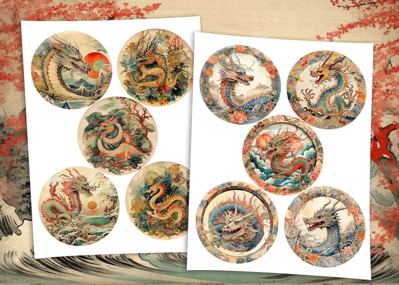 20 Asian Whimsical Dragon 4 Inch Circle Images Kit, Digital Chinese Art ...