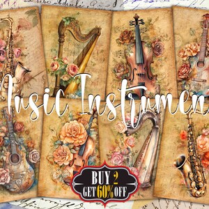 Florale Musikinstrumente Digitale ATC Karten - 8 druckbare Musik Kunst Vintage Aquarell Gitarre, Violine, Harfe, Saxophon Junk Journal Tags