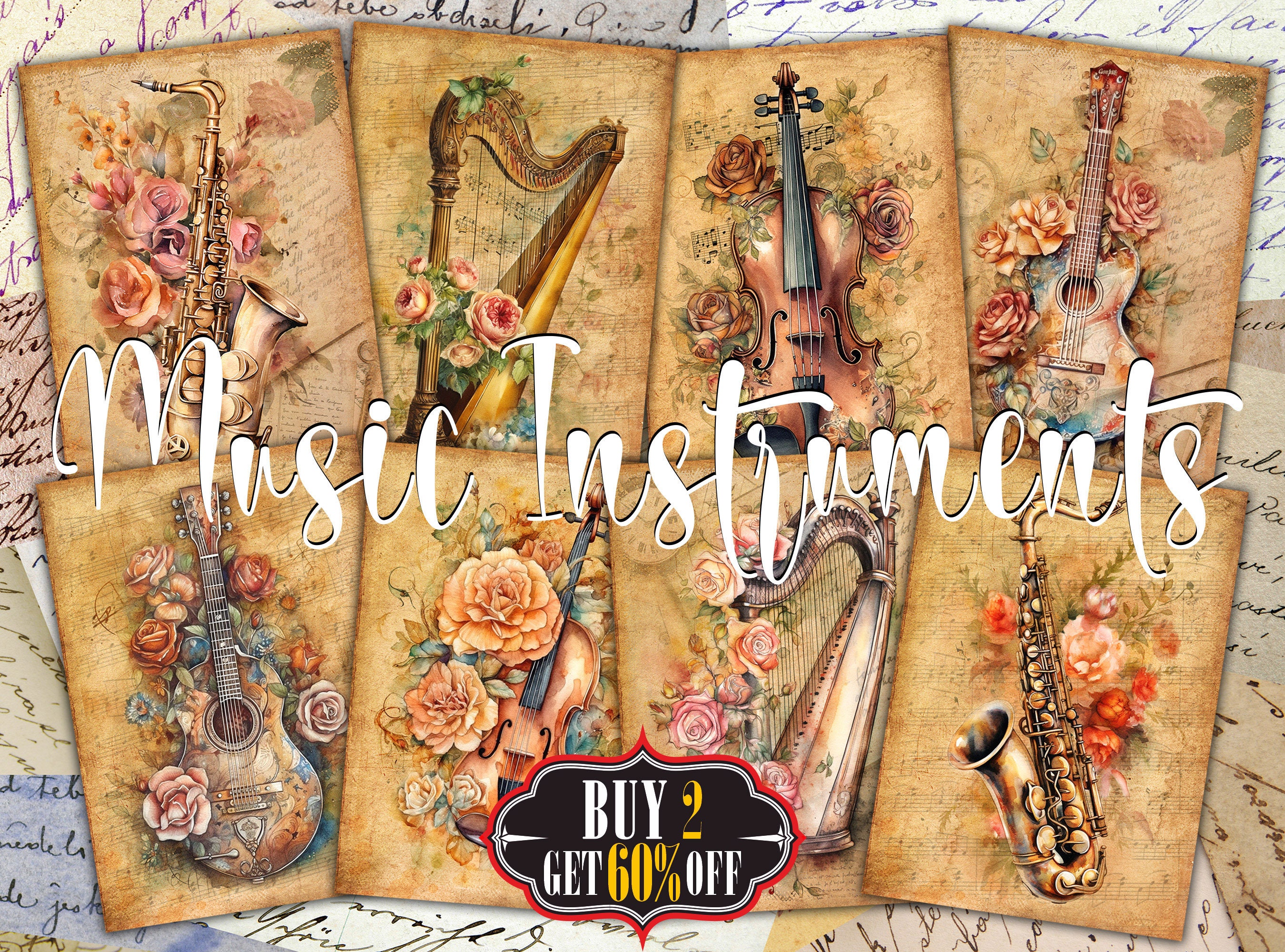 Floral Musical Instruments Digital ATC Cards - 8 Printable Music Art ...