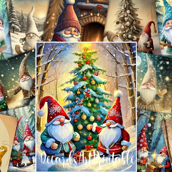 20 Christmas Gnomes Digital Paper Pack, Whimsical Scandinavian Art Winter Holiday Clipart, Cute Santa Gnome Images Kit for Xmas Cards Making