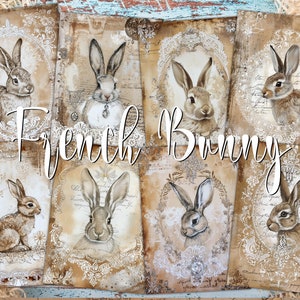 French Bunny digitale ATC-kaarten - 8 afdrukbare paashaas decoupagepapier stijl junk Journal Kit, dierenportret verontruste vintage tags