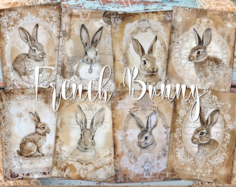 French Bunny Digital ATC Cards - 8 Printable Easter Rabbit Decoupage Papers Style Junk Journal Kit, Animal Portrait Distressed Vintage Tags