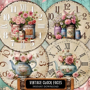 4 quadranti di orologi vintage da 8", 6", 4", immagini floreali retrò per decoupage, progetti fai da te, taglio preciso, 9 file stampabili, kit per la creazione di orologi