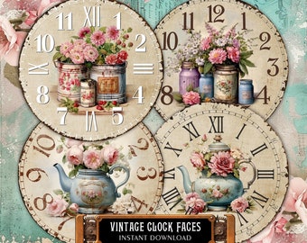 4 Vintage Clock Faces 8", 6", 4" Floral Retro Watch Dials Images for Decoupage, DIY Projects, Fussy Cut, 9 Printable Files Clock Making Kit