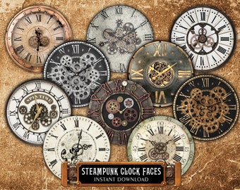 Steampunk Clock Face Images Kit of 3 Printable A4 Sheets - 18 Round Pictures of Watch Dials Ø3.15", Ø3.94" for Craft, Scrap, Decoupage, DIY