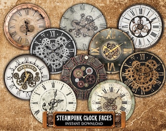 Steampunk Clock Face Images Kit of 3 Printable A4 Sheets - 18 Round Pictures of Watch Dials Ø3.15", Ø3.94" for Craft, Scrap, Decoupage, DIY