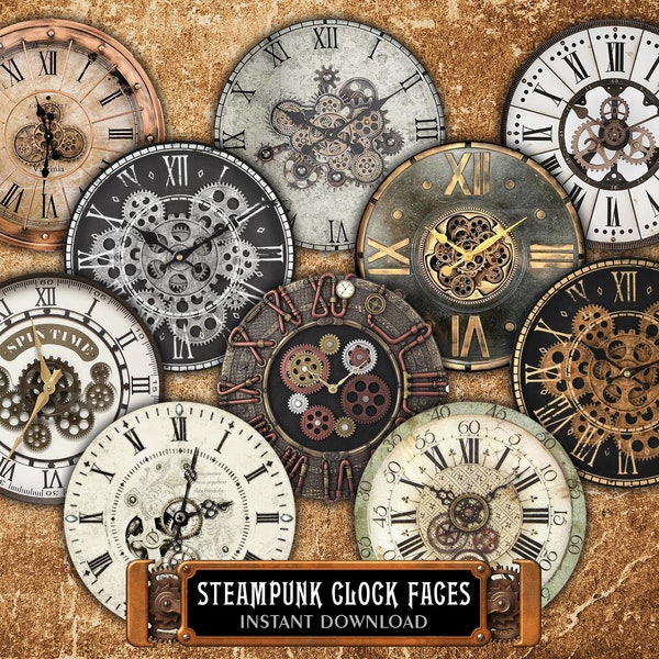 Steampunk Clock Face Images Kit of 3 Printable A4 Sheets - 18 Round Pictures of Watch Dials Ø3.15", Ø3.94" for Craft, Scrap, Decoupage, DIY