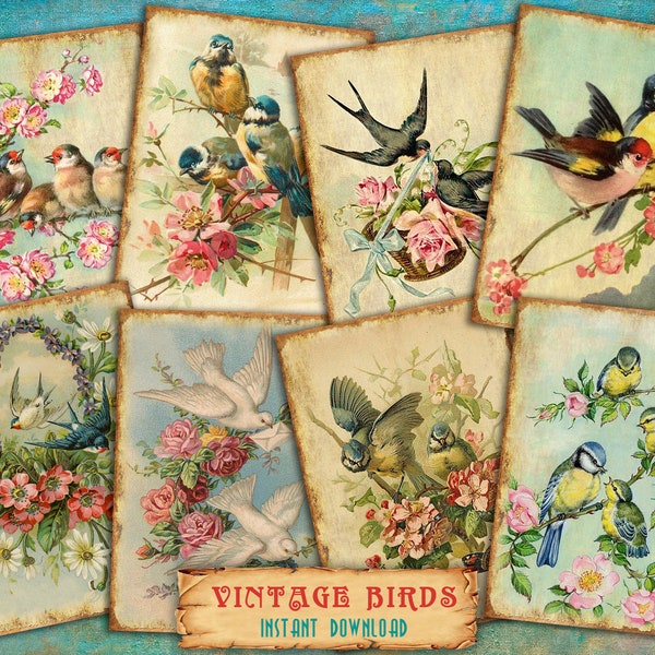 Digital ATC Cards Vintage Birds - 8 Printable ACEO 2.5"x3.5" Altered Art Pictures from Antique Postcards Ready to Print PNG, Jpg, Pdf 300dpi