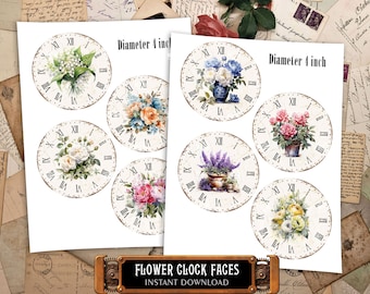 8 Printable Clock Faces - Ø4" Floral Watercolor Garden Art Roman Numerals Small Watch Dial with Flowers for Decoupage, Fussy Cut, Scrapbook
