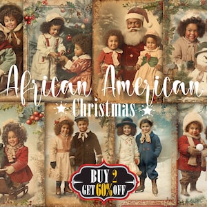 Afroamerikaner-Weihnachtskinder-Digital-Papiersatz, schwarzer Weihnachtsmann, niedliche schwarze Kinderwinterspiele, 1920er Jahre Retro Vintage-Weihnachtscollagenblätter