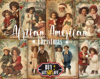 African American Christmas Kids Digital Paper Pack, Black Santa, Cute Black Children Winter Games, 1920s Retro Vintage Xmas Collage Sheets