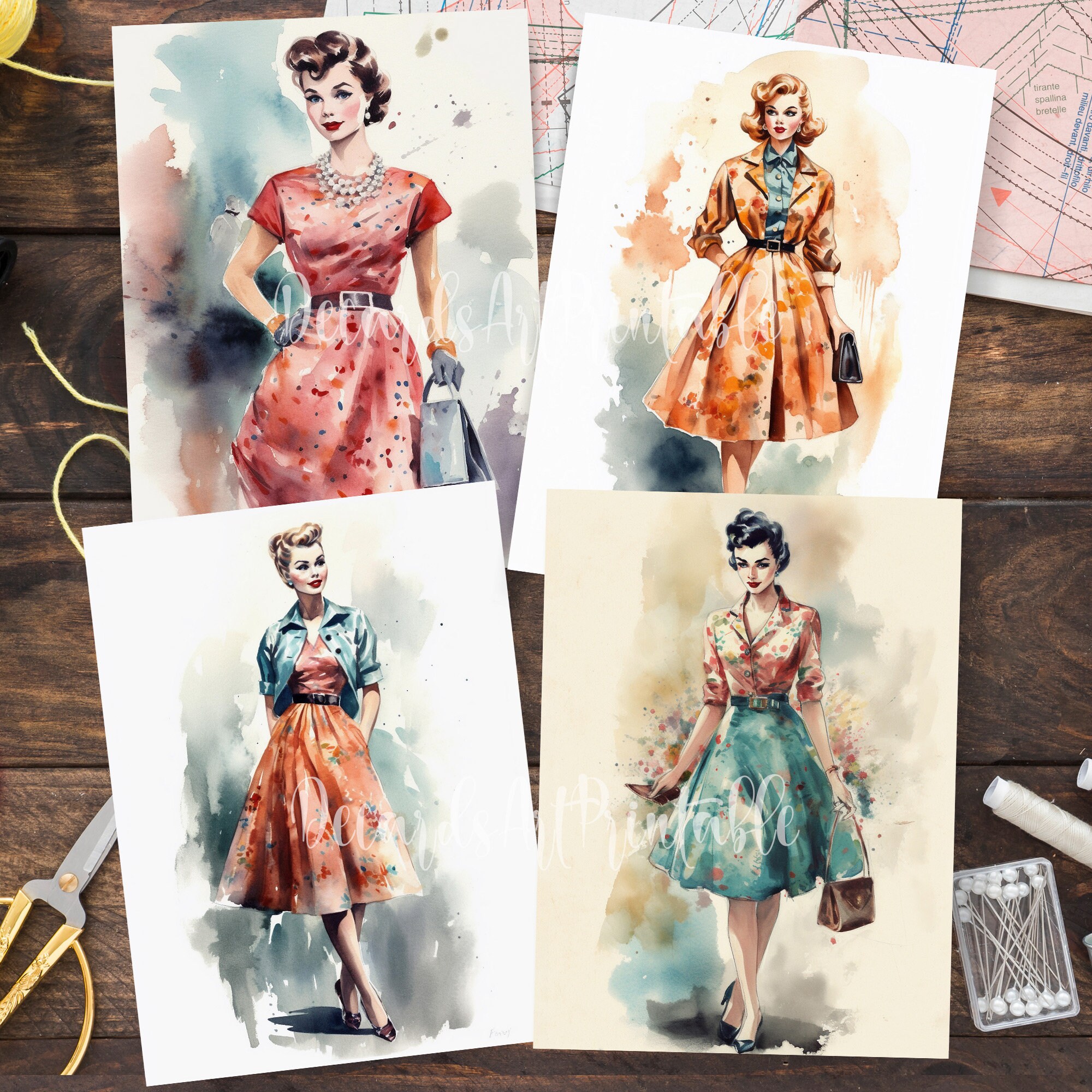 1950s Women Fashion Illustration 20 Printable Watercolor 50s