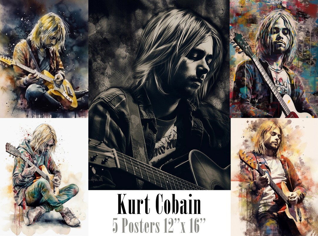 5 Kurt Cobain Posters, Nirvana Fan AI Generated Art Digital Portrait ...
