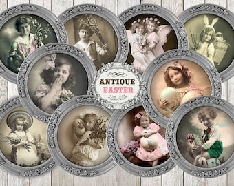 20 Antique Easter Round Frame Children Vintage Photos Ø4"(100mm) for Decoupage Art, Scrap Book, Junk Journal, Craft, Printable Ephemera Kit