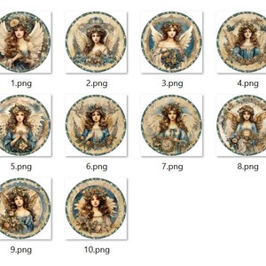 K&ouml;nnte beinhalten: Zehn runde Bilder mit Engeln mit Fl&uuml;geln, jedes mit einem anderen Blumendesign und Farbschema. Die Engel sind mit langen, flie&szlig;enden Haaren dargestellt und tragen blaue Kleider. Die Bilder sind vor einem Hintergrund aus Blau und Gold.