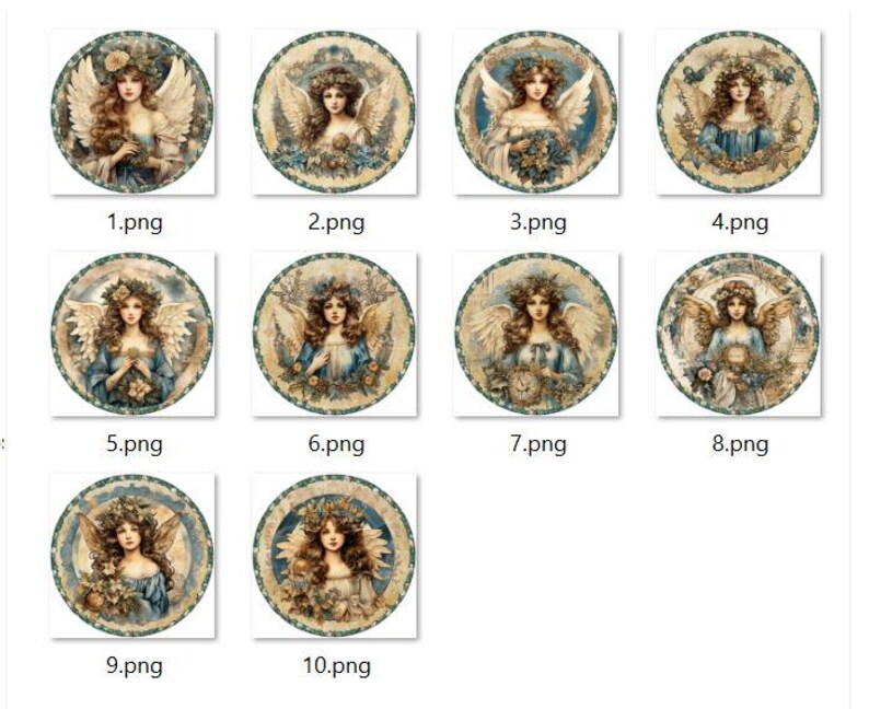 K&ouml;nnte beinhalten: Zehn runde Bilder mit Engeln mit Fl&uuml;geln, jedes mit einem anderen Blumendesign und Farbschema. Die Engel sind mit langen, flie&szlig;enden Haaren dargestellt und tragen blaue Kleider. Die Bilder sind vor einem Hintergrund aus Blau und Gold.