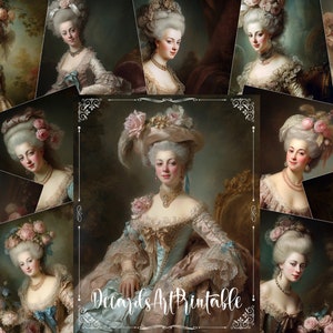 Kit de diário de lixo de 30 Marie Antoinette, retrato digital de mulher antiga, pacote de itens efêmeros para impressão de arte francesa vintage, páginas de colagem em estilo rococó