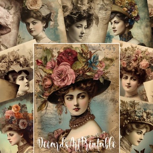 Kit de diário de lixo feminino vitoriano 14, retratos de mulheres à moda antiga, pacote de itens efêmeros para meninas retrô dos anos 1900, páginas de colagem digital vintage