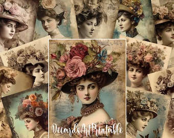 14 Victorian Women Junk Journal Kit, Old Fashioned Ladies Portraits, 1900s Retro Girls Printable Ephemera Pack, Vintage Digi Collage Pages