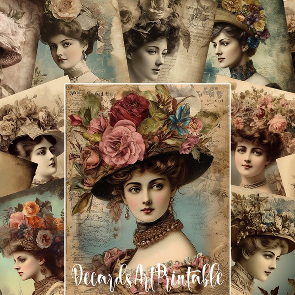 14 Viktorianische Frauen Junk Journal Kit, Altmodische Damen Porträts, 1900er Jahre Retro Mädchen Printable Ephemera Pack, Vintage Digi Collage Seiten