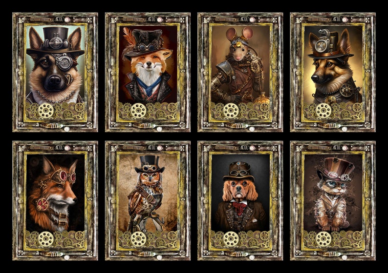 Steampunk Digital ATC Cards Cute Animals 8 high resolution 2.5х3.5 ACEO images on A4 Sheet for DIY Projects. Instant Download and Print image 2