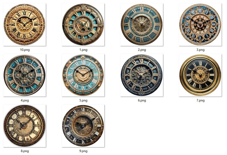May include: Ten antique-style clock faces with Roman numerals, intricate details, and gold accents. The clocks have a variety of designs, including gears, ornate frames, and different colored backgrounds.