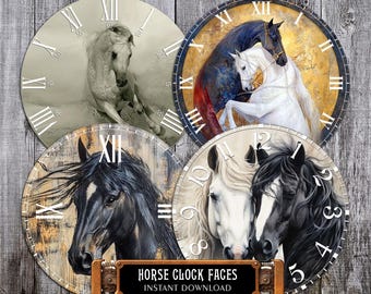 Set of 4 Horse Clock Faces -  Ø 8" Printable Watch Dials with Roman Numeral for Decoupage, Home Decor | Clock Making Kit