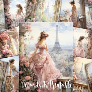 16 Stamperia Kit de páginas de diário digital estilo francês, Shabby Chick Paris Tema Vintage Victorian Mulheres Floral Aquarela Decoupage Imagem