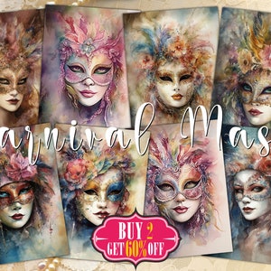 Carnival Mask Digital ATC Cards 8 Printable Watercolor Shabby Chic Masquerade Venetian Mardi Gras Art, Junk Journal Tags, Decoupage Papers image 1